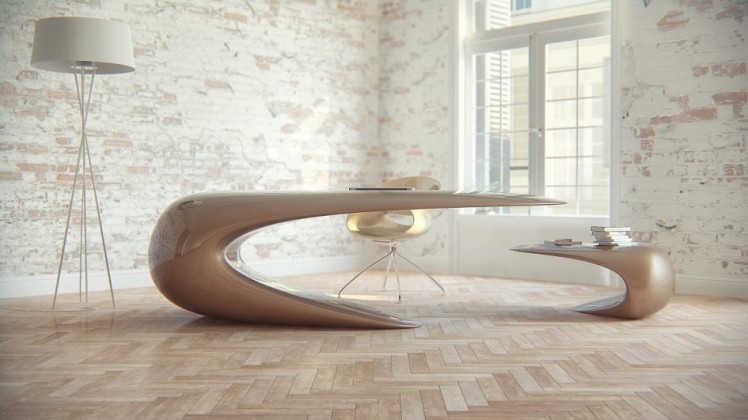 brown-nebbessa-desk-nuvist-curvilinear-design-parquet-wooden-floor-laminated-glass-window-natural-brick-wall-light-brown-chair-945x531